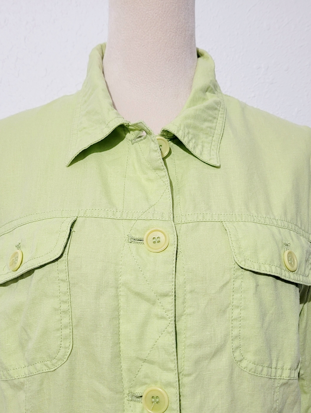 100% Linen Jacket Womens Size Large Green Button Front Utility Classic Casual - Picture 3 of 13